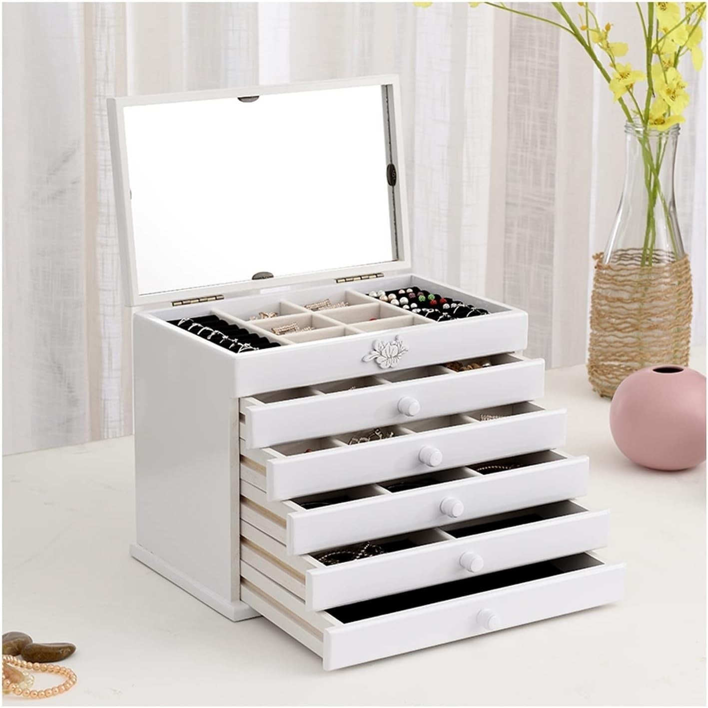 Lockable Wooden Jewelry Box Armoire 5 Drawer Organizer Velvet Lined
