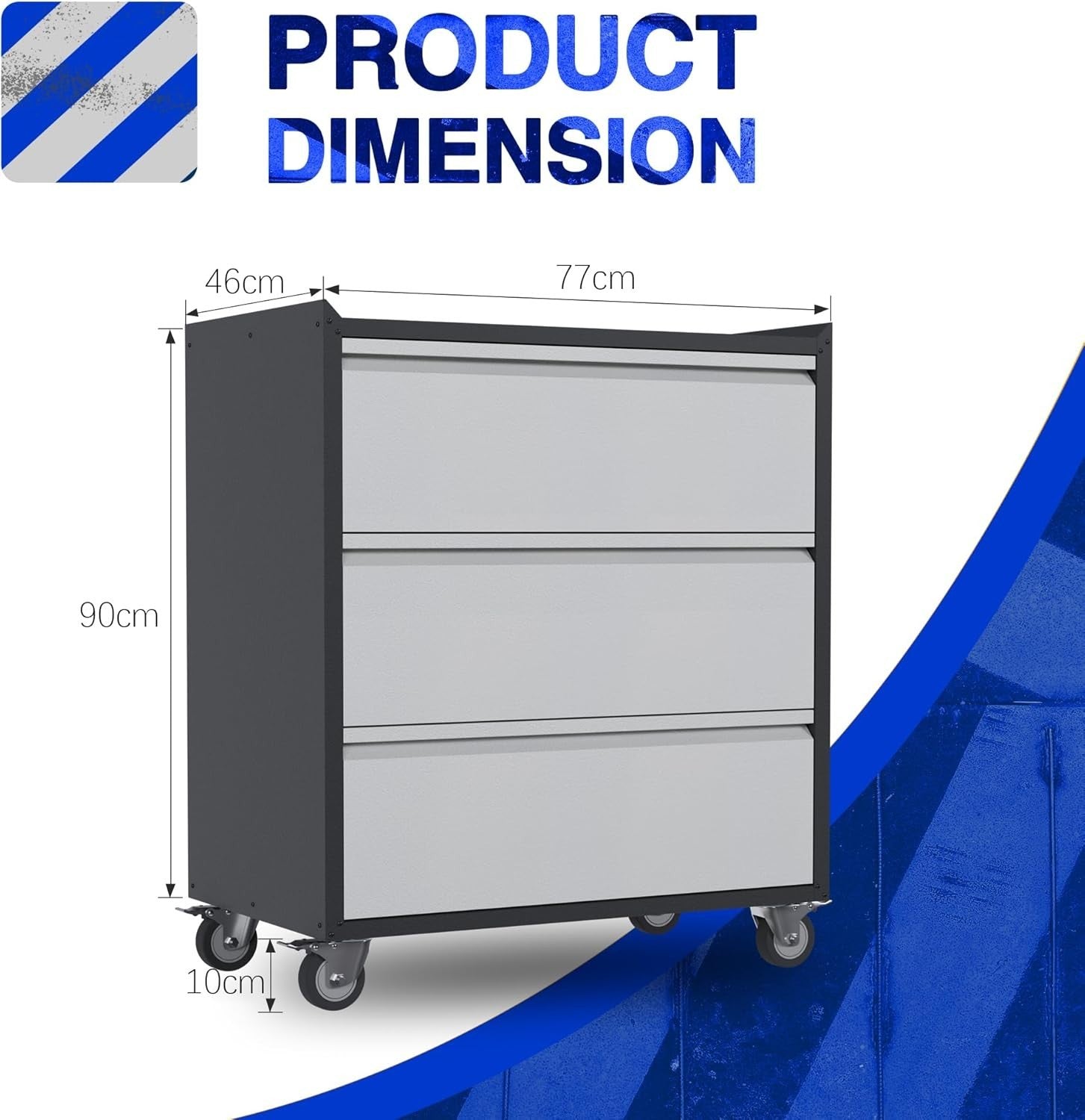 Mobile Metal Tool Cabinet with 3 Lockable Drawers & Workbench Surface