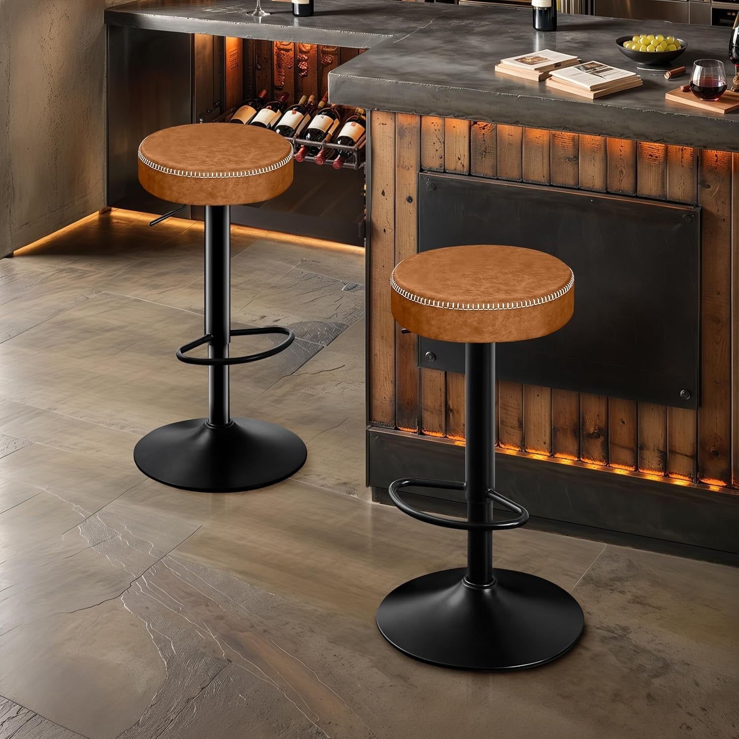 2PCS Brown Adjustable Swivel Bar Stools 36cm Round Kitchen Chairs