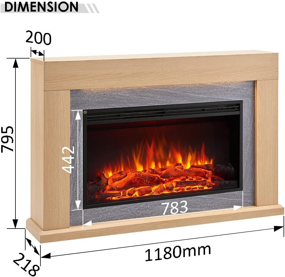 47" Electric Fireplace Heater with Realistic Flames, Oak Surround, Remote