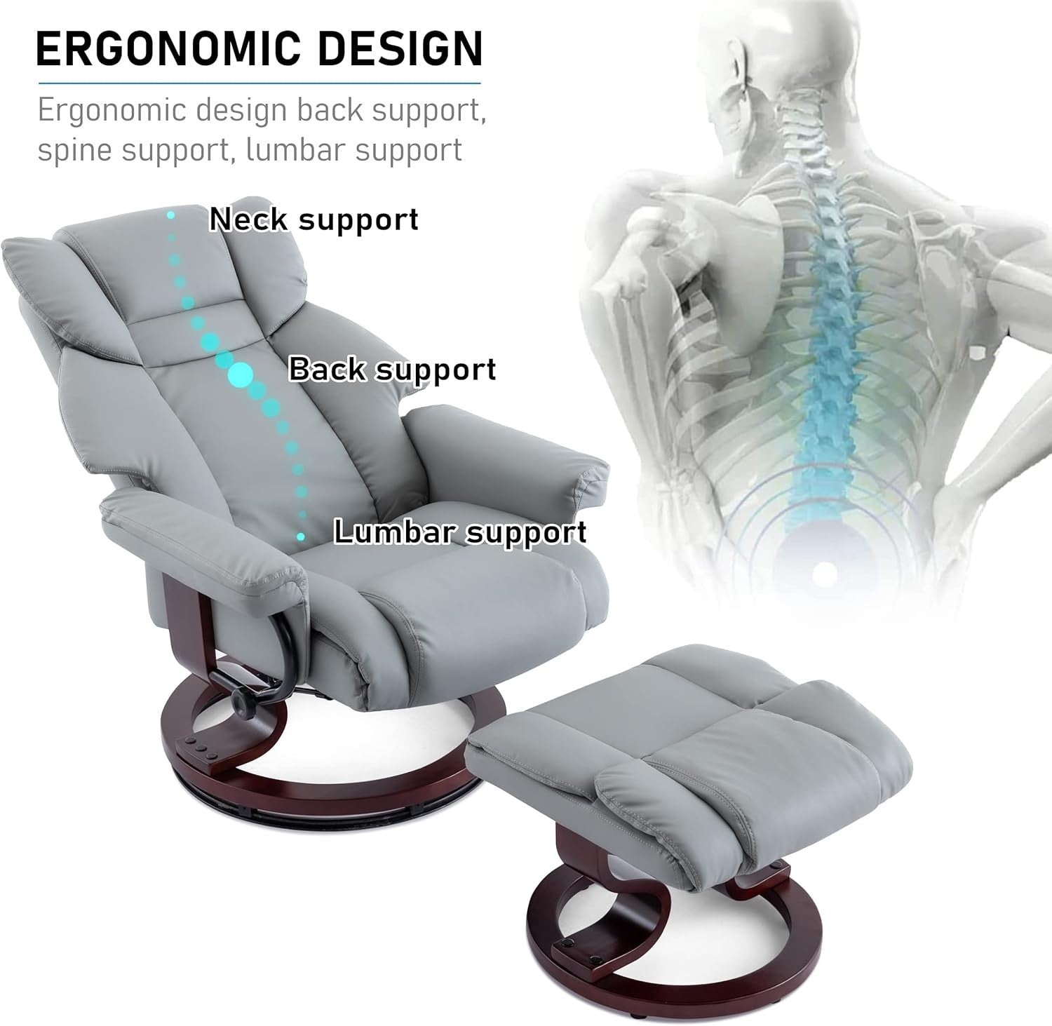 Recliner Chair with Footstool Swivel Lounge PU Leather Armchair 135°