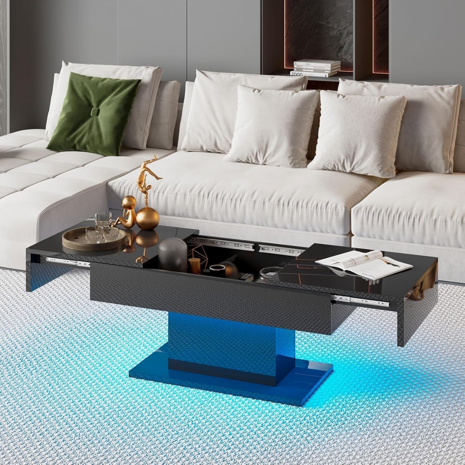 Modern Black High-Gloss Coffee Table with LED Lights & Hidden Storage Drawers