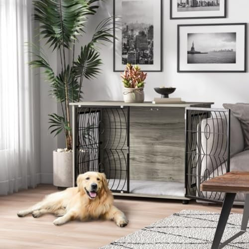Dog Crate Furniture with Feeding Bowls & Lockable Doors, Grey Indoor Table