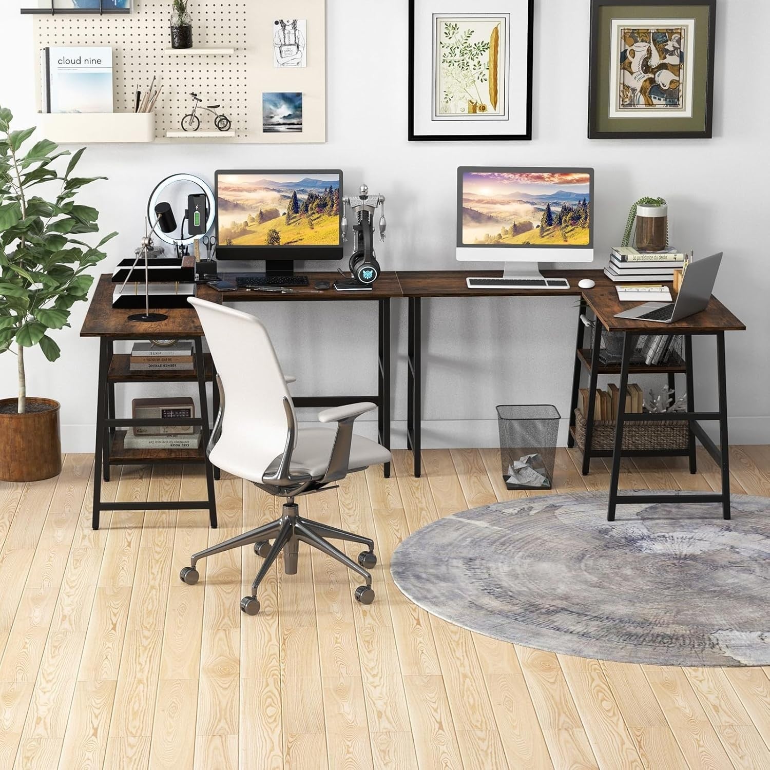 Rustic Brown L-Shaped Computer Desk 120cm Corner Workstation with Shelves