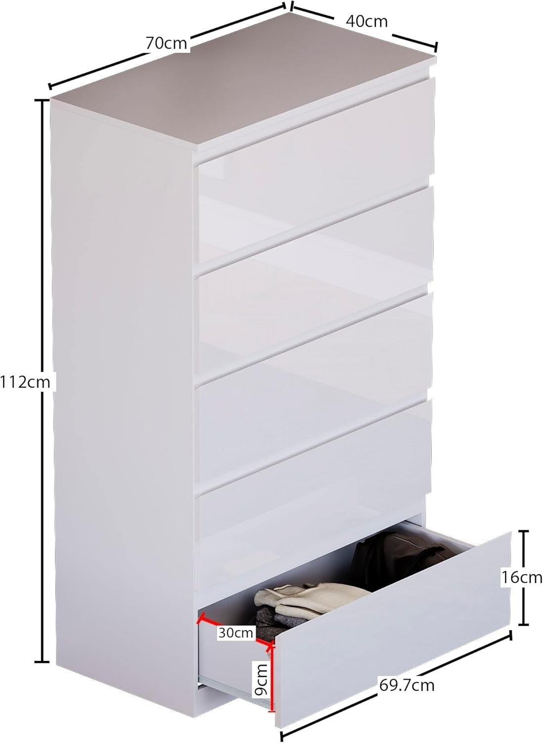 White Gloss 5 Drawer Chest Tall Bedroom Storage Cabinet 112cm Modern