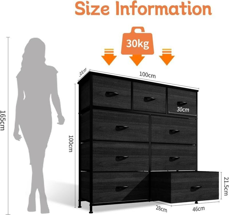 Black Fabric 9 Drawer Dresser Storage Unit with Wood Top for Bedroom 100cm
