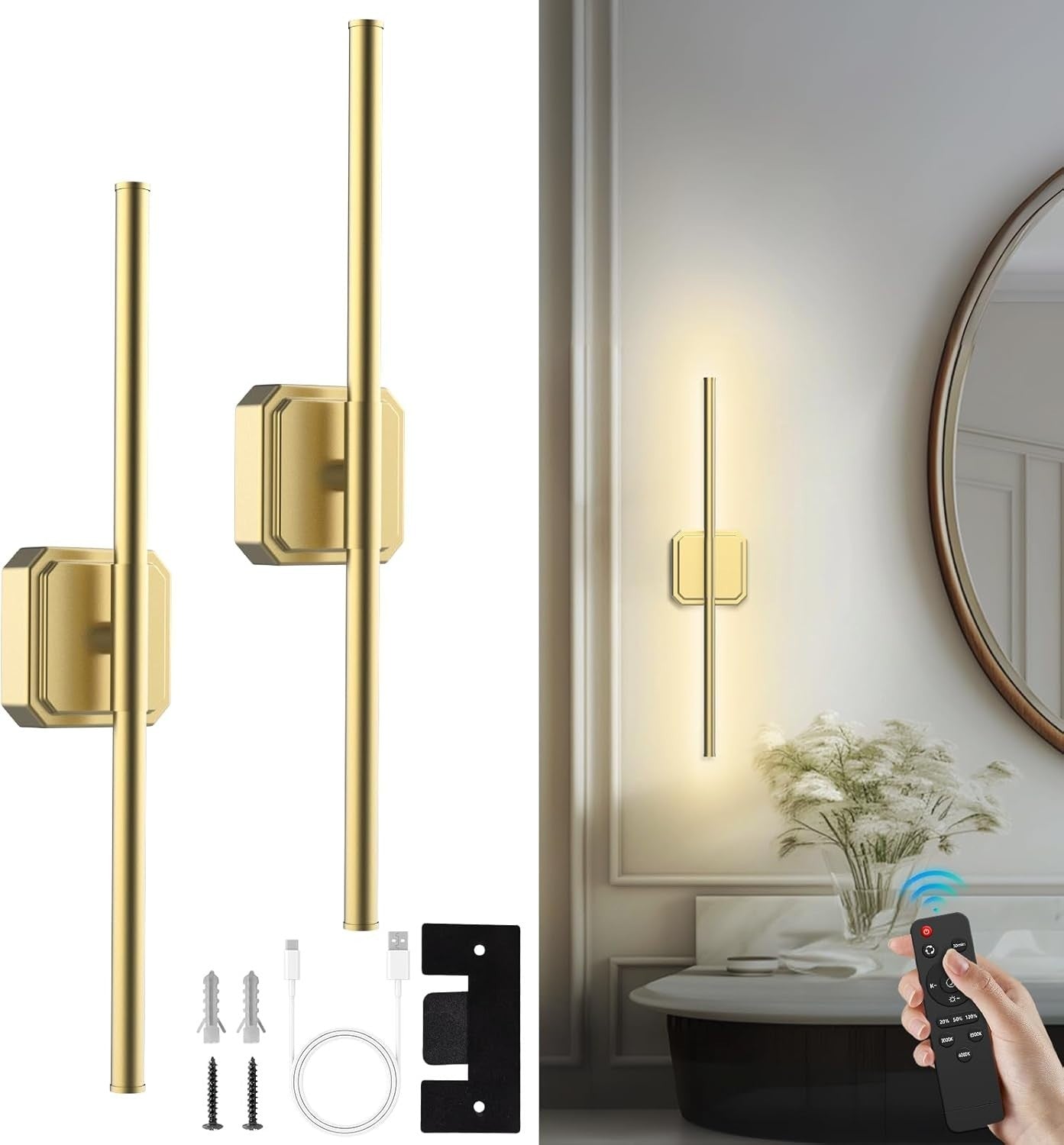 Rechargeable Wireless Wall Sconce Lights, Dimmable Remote Control, 70CM