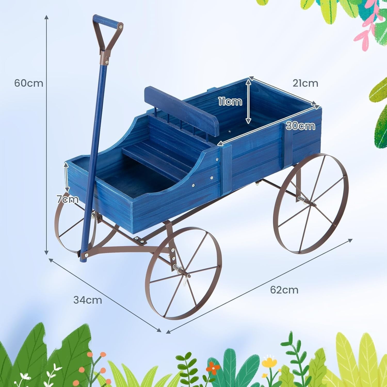 Blue Wooden Garden Wagon Planter Decorative Flower Cart w/ Handle & Wheels