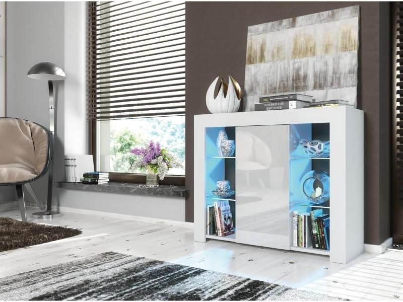 LED Sideboard Cabinet Gloss White Display Unit Glass Shelves Modern 97cm