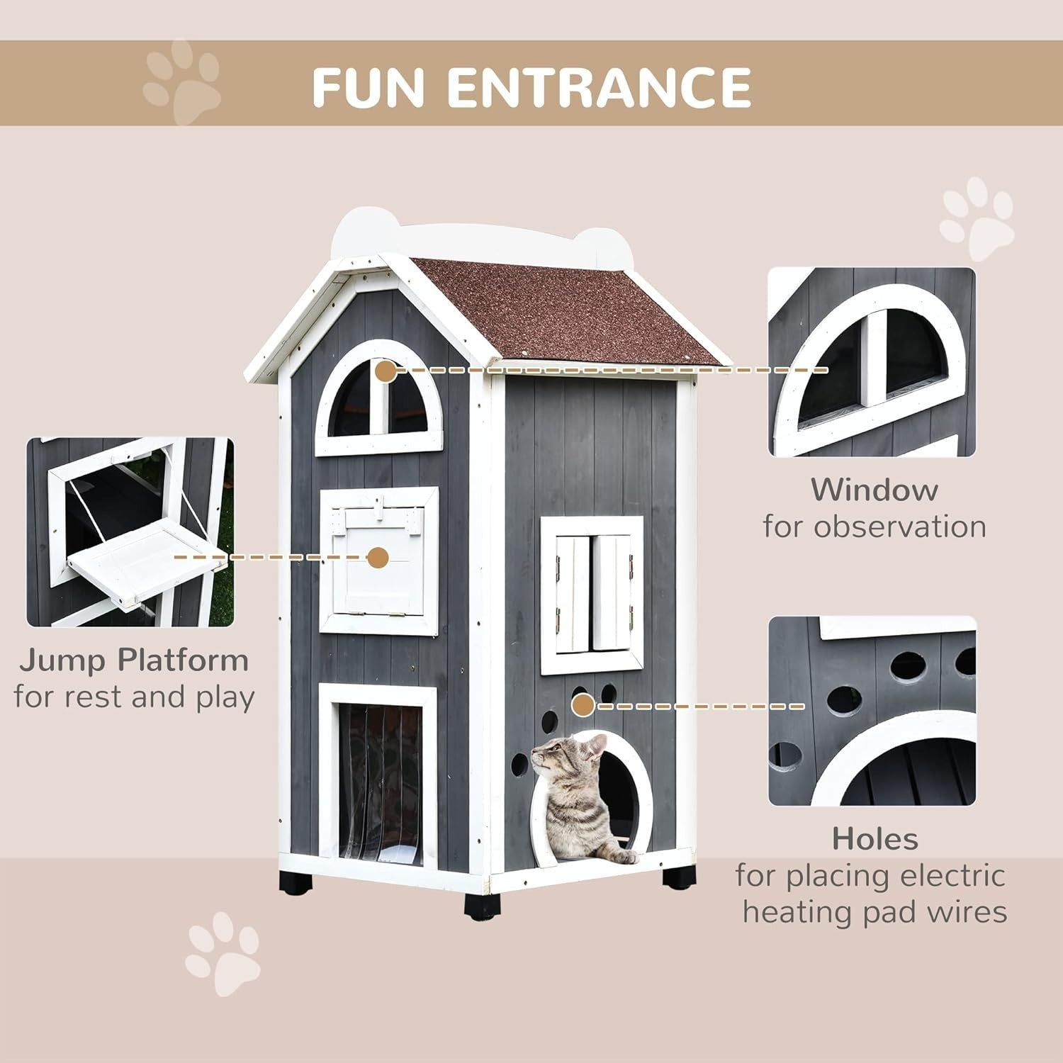 Outdoor Wooden Cat House 2-Floor Condo with Stairs & Weatherproof Roof