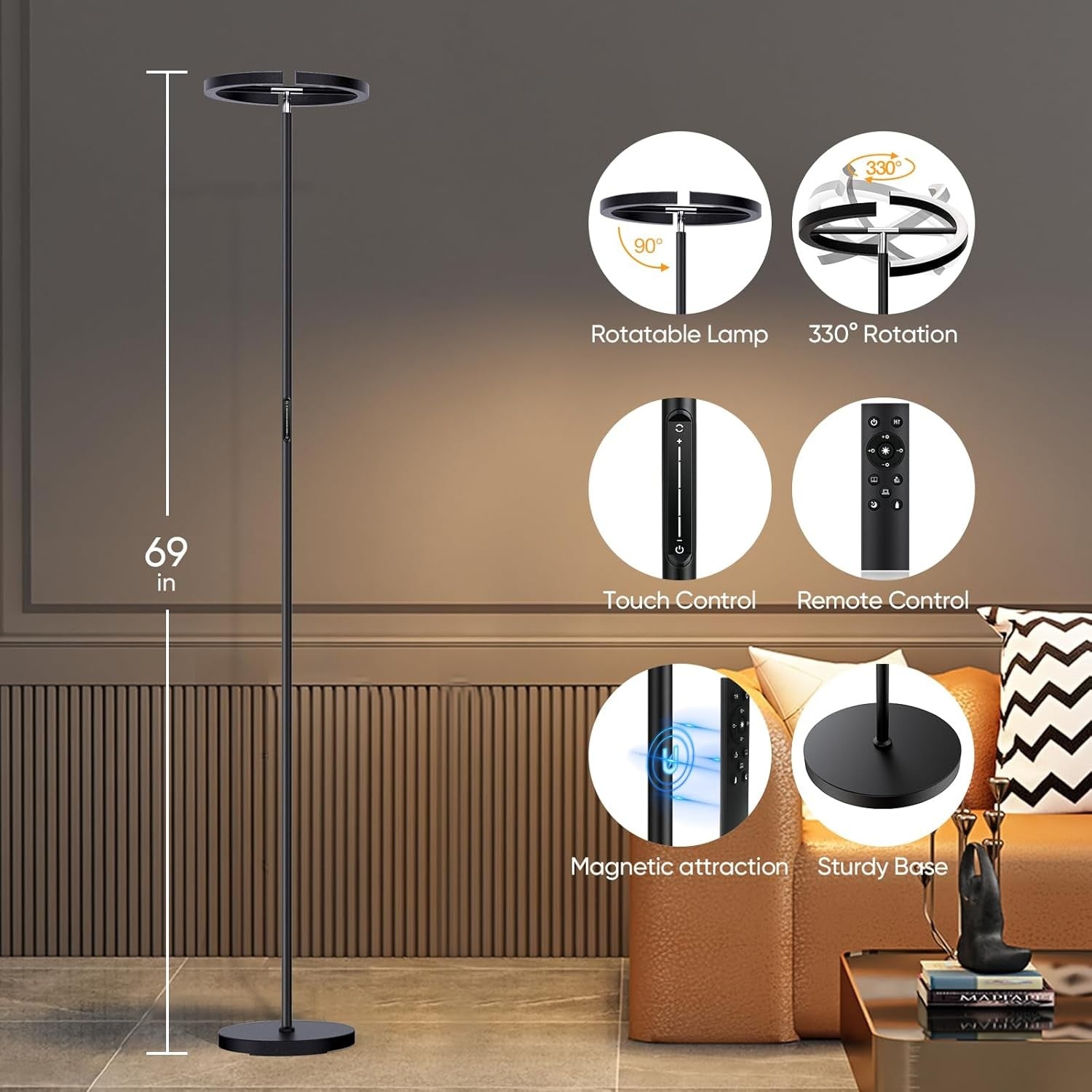 Modern LED Floor Lamp Dimmable Touch Remote Rotatable Uplighter Reading Light