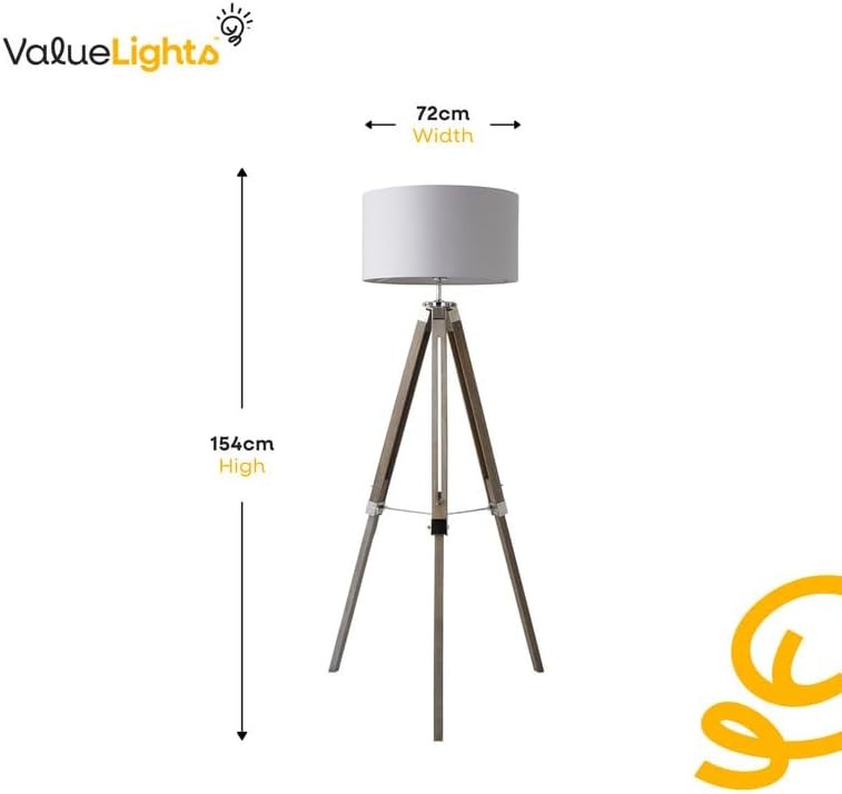 White Wood Tripod Floor Lamp Chrome Legs Drum Shade Modern Standing Light