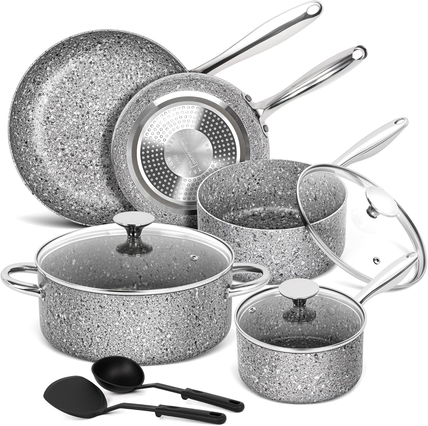 10Pcs Grey Granite Non Stick Cookware Set with Lids Induction Safe Pots & Pans