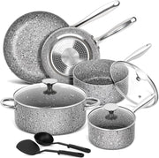 10Pcs Grey Granite Non Stick Cookware Set with Lids Induction Safe Pots & Pans