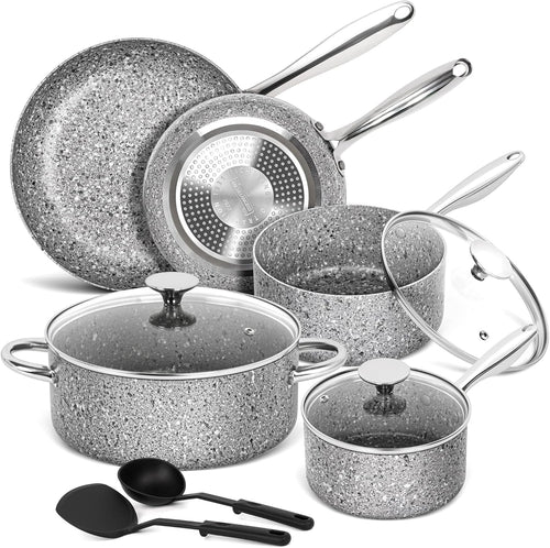 10Pcs Grey Granite Non Stick Cookware Set with Lids Induction Safe Pots & Pans