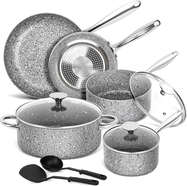 10Pcs Grey Granite Non Stick Cookware Set with Lids Induction Safe Pots & Pans