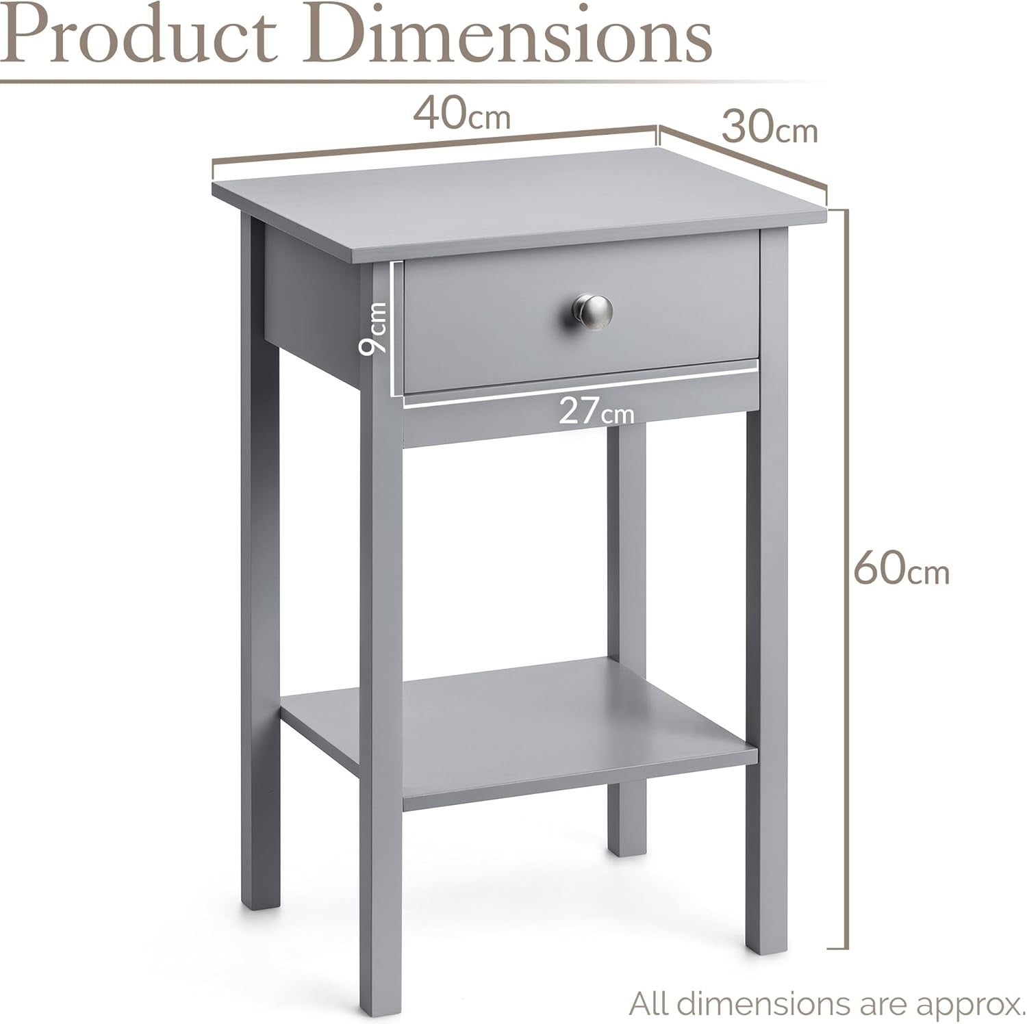 Set of 2 Grey Bedside Tables with Drawer & Shelf, Wooden Nightstands 60x40x30cm