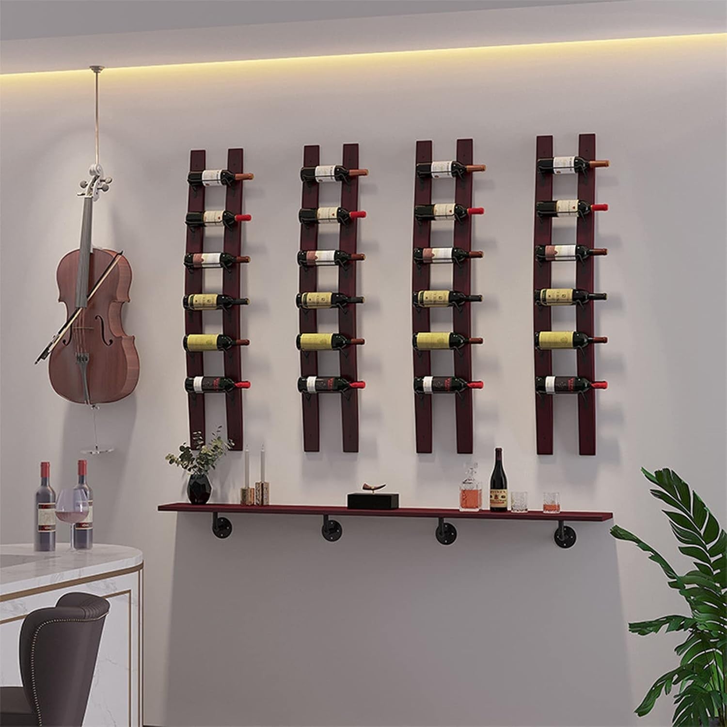 Wall Mounted 6 Bottle Wine Rack Rustic Wood & Iron Vertical Space Saving Display