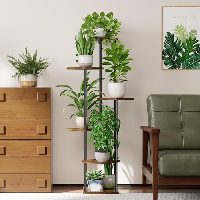 6 Tier Metal Wood Plant Stand Indoor Outdoor Corner Flower Shelf 59x30x130cm
