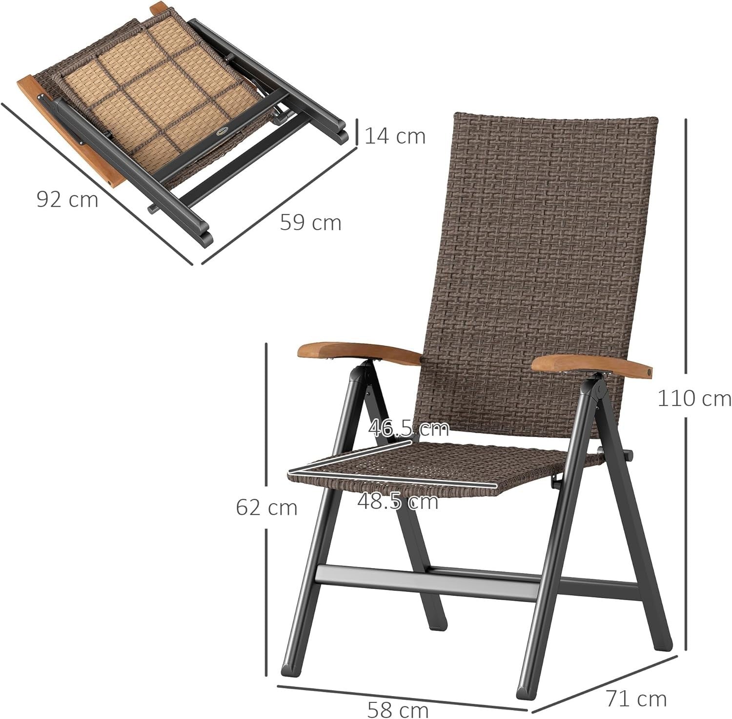 Brown Folding Recliner Garden Chair High Back Rattan Patio Dining Seat