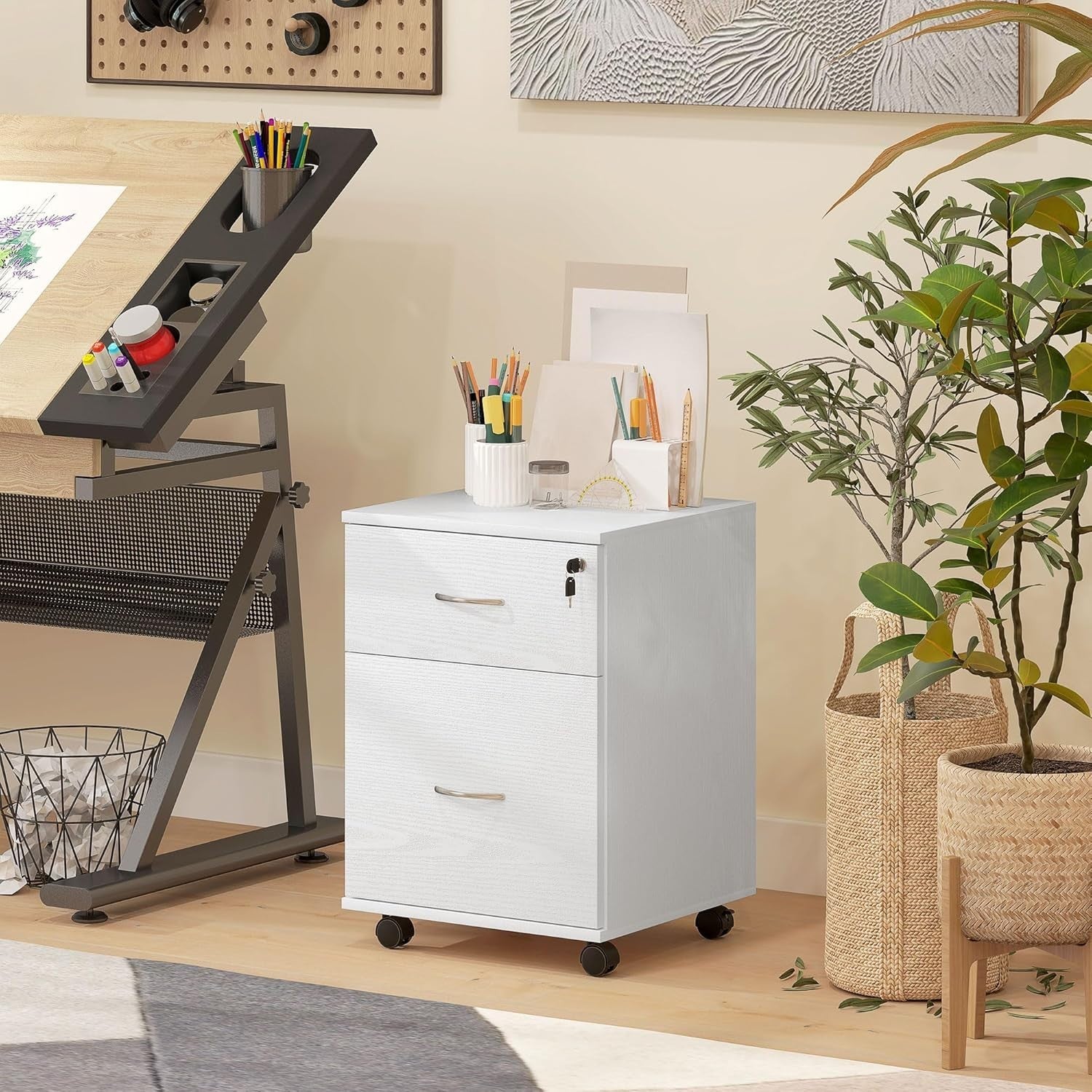 Locking 2 Drawer Rolling File Cabinet Under Desk Printer Stand White