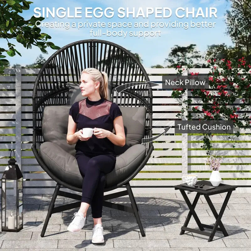 Outdoor Rattan Egg Chair with Cushion Headrest Patio Garden Lounge Seat
