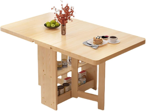 Space Saving Drop Leaf Wooden Table with Storage Shelves Foldable Design