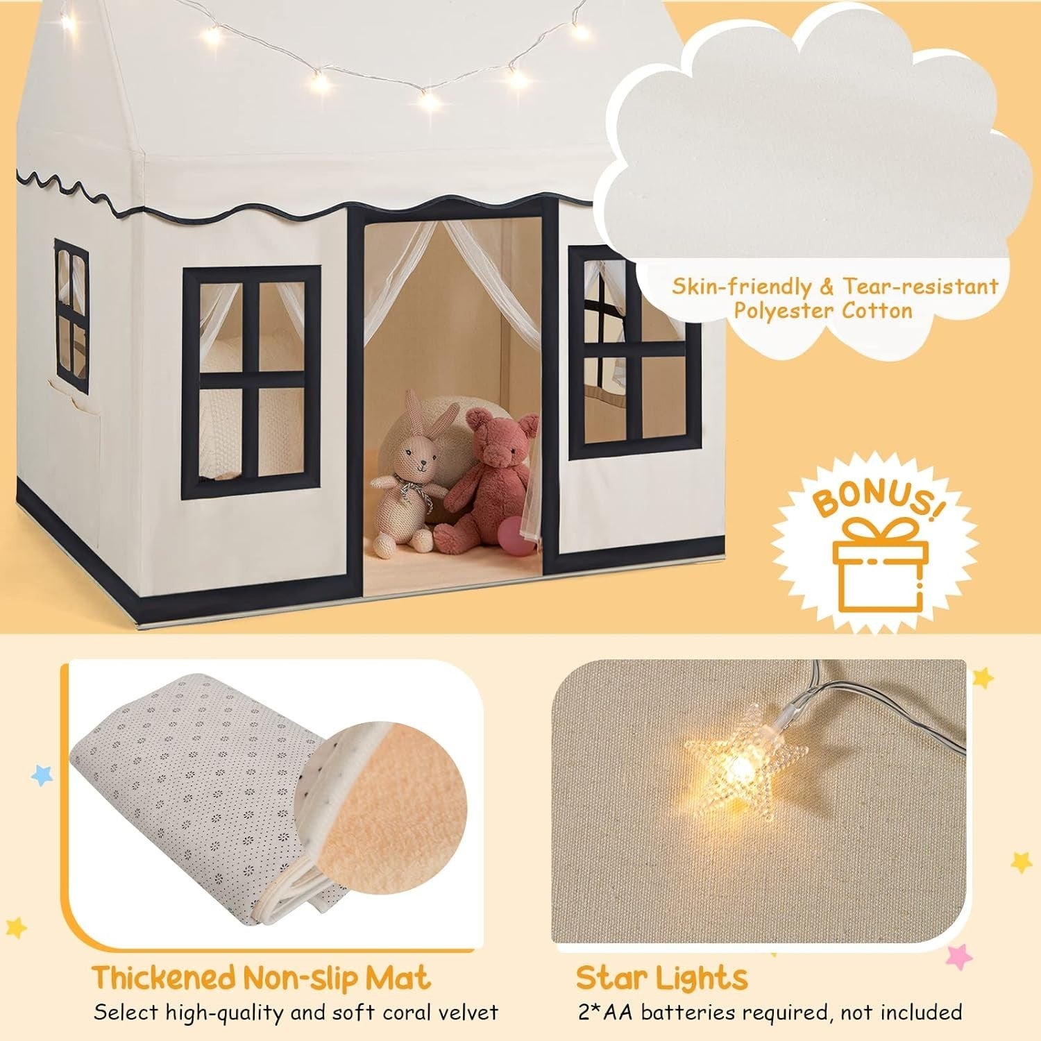 Large Kids Indoor Castle Tent With Star Lights Washable Floor Mat