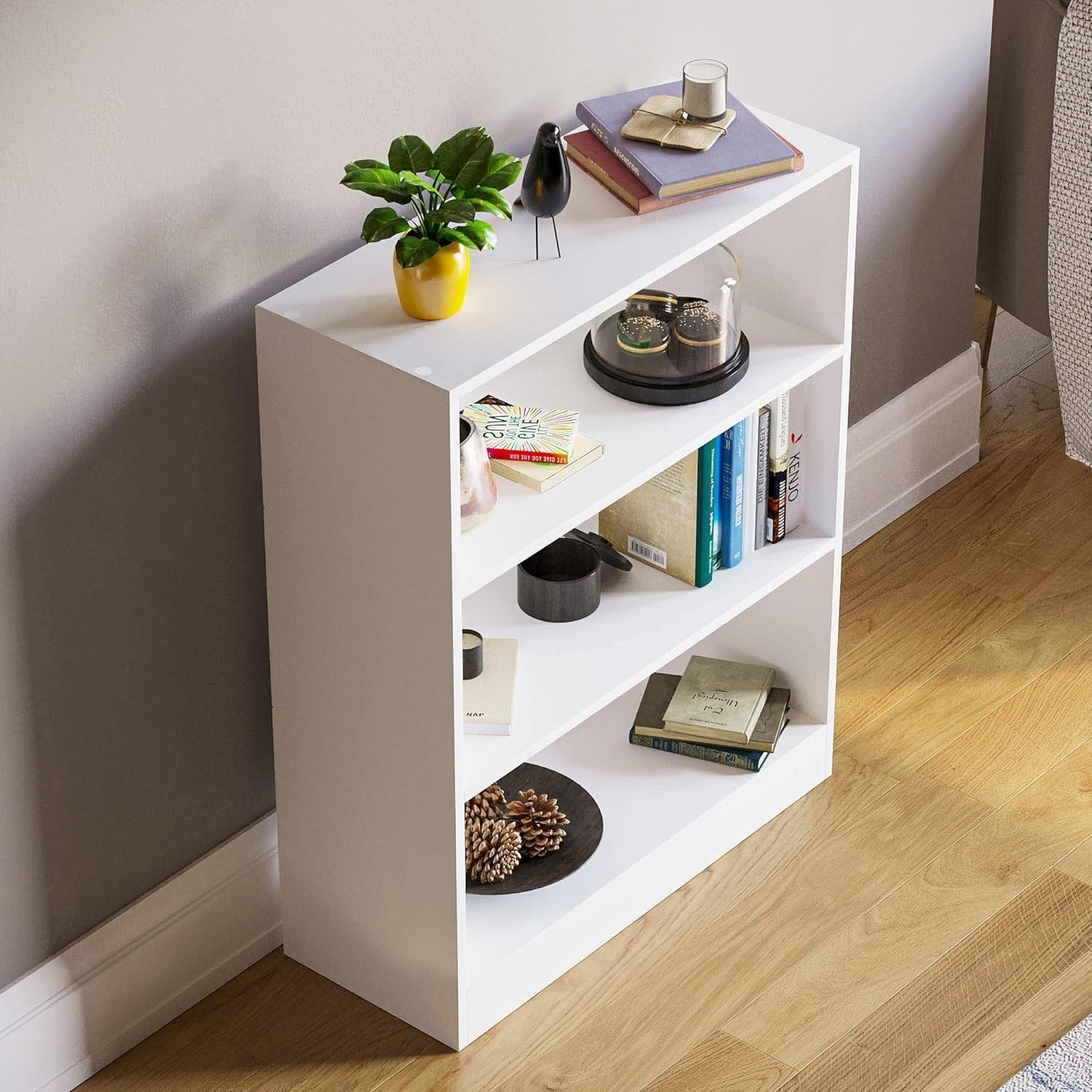 3 Tier White Wooden Bookcase Modern Storage Display Shelf for Living Room Low