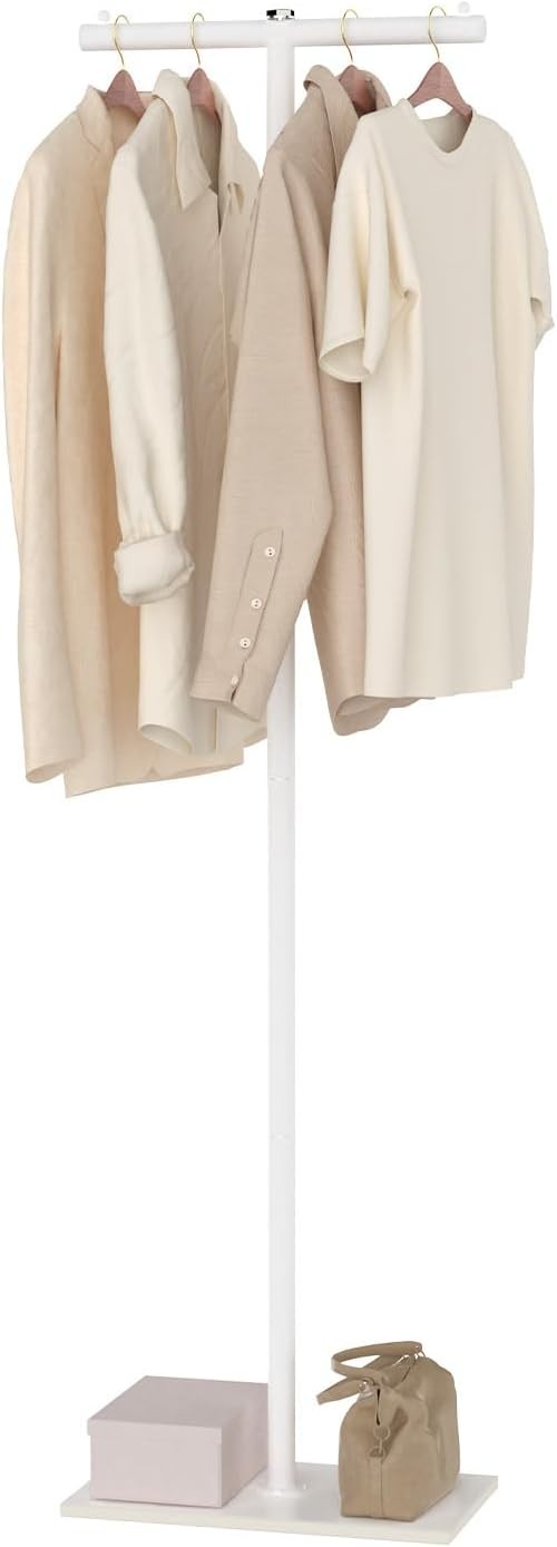 White Metal Coat Rack 175cm T-Bar Clothes Stand with Rock Slab Base for Hallway