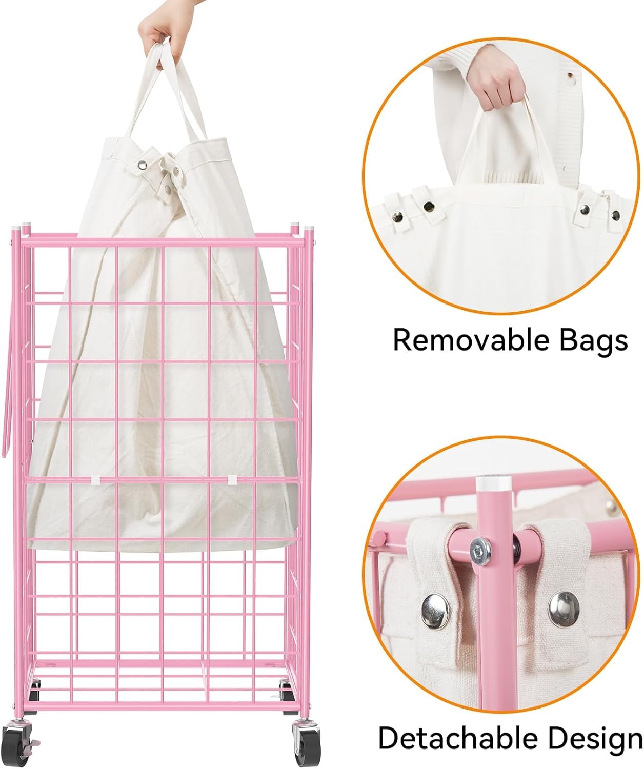 100L Pink Rolling Laundry Hamper Metal Frame with Wheels & Removable Bag