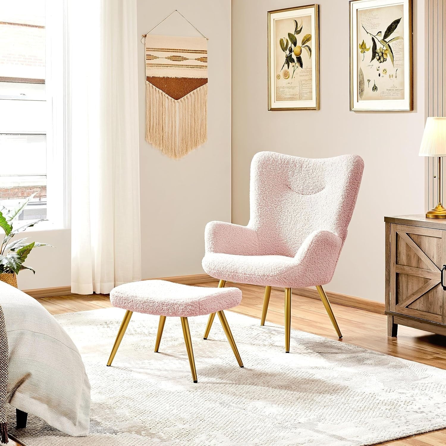 Sherpa Boucle Armchair with Ottoman High Back Accent Chair Pink
