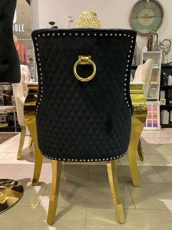 2 Black Velvet Dining Chairs Gold Legs Ring Back Tufted Studded Luxury