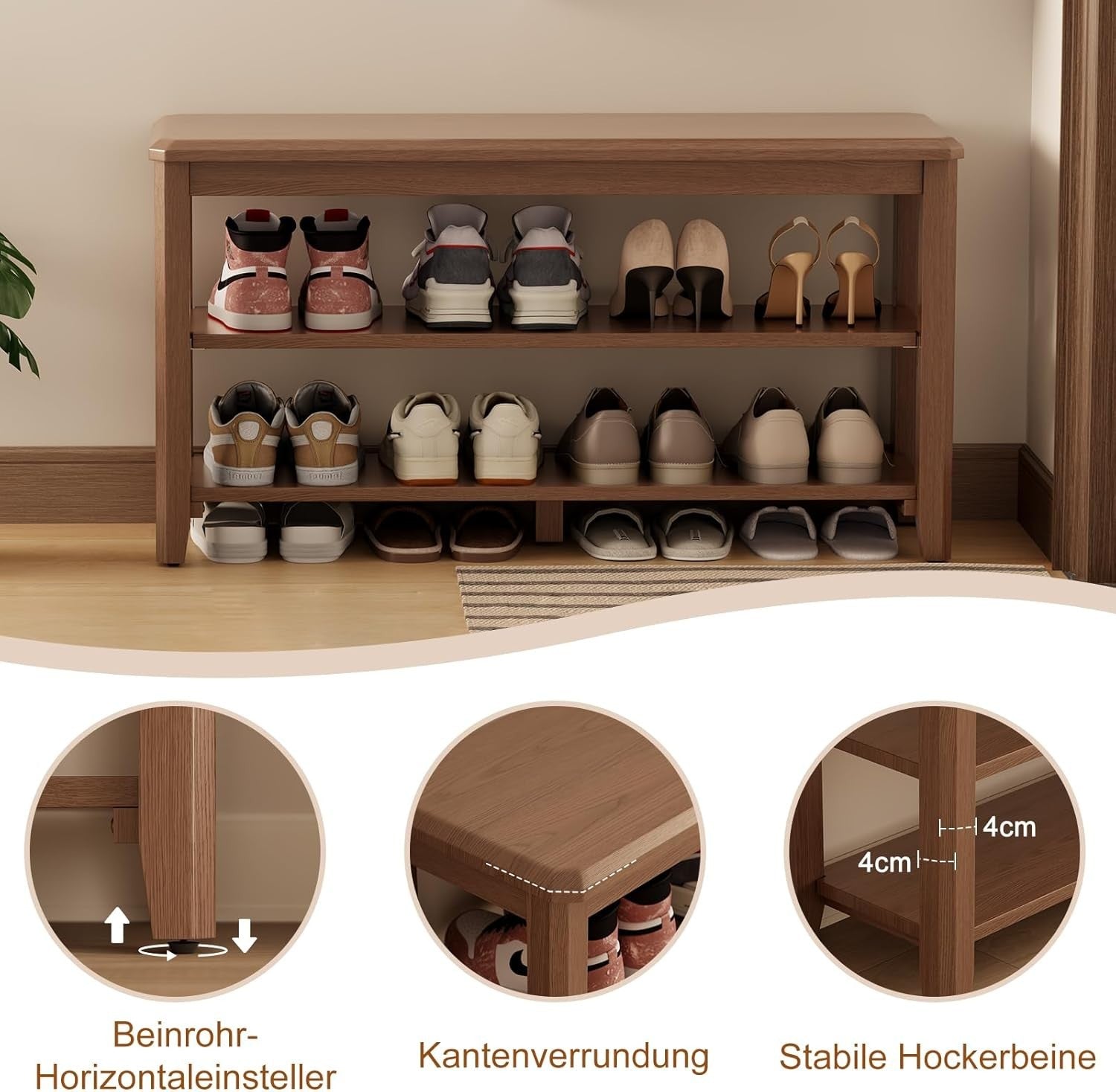 Large Wooden Shoe Bench with Adjustable Shelves | 2-Tier Walnut Entryway Rack