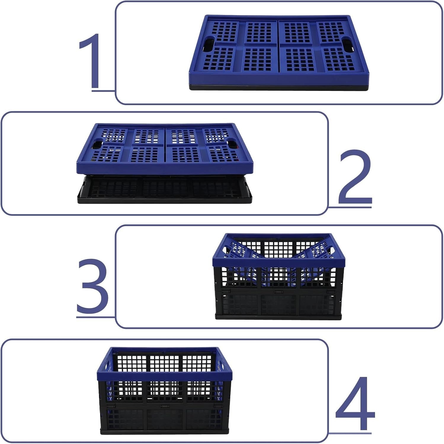 4 Pack 32L Folding Plastic Storage Crates Stackable 44.5x33.6x23cm