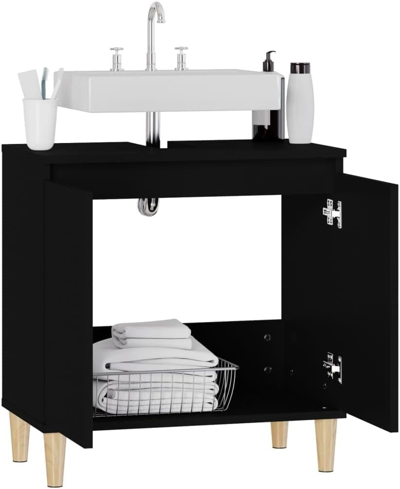 Black Under Sink Bathroom Cabinet with Wooden Legs – Modern Vanity Storage Unit