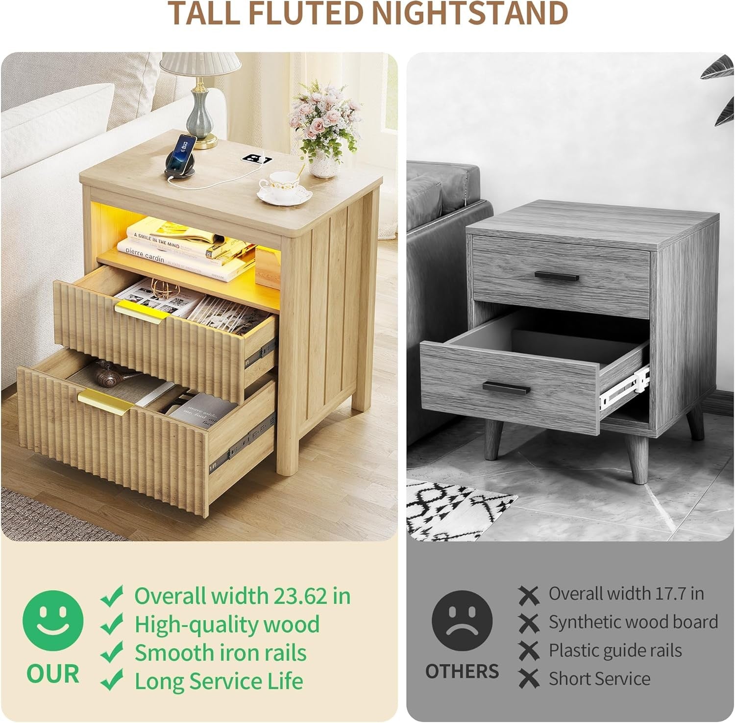24" Natural Wood Bedside Table with Charging Station, LED Light & 3 Drawers