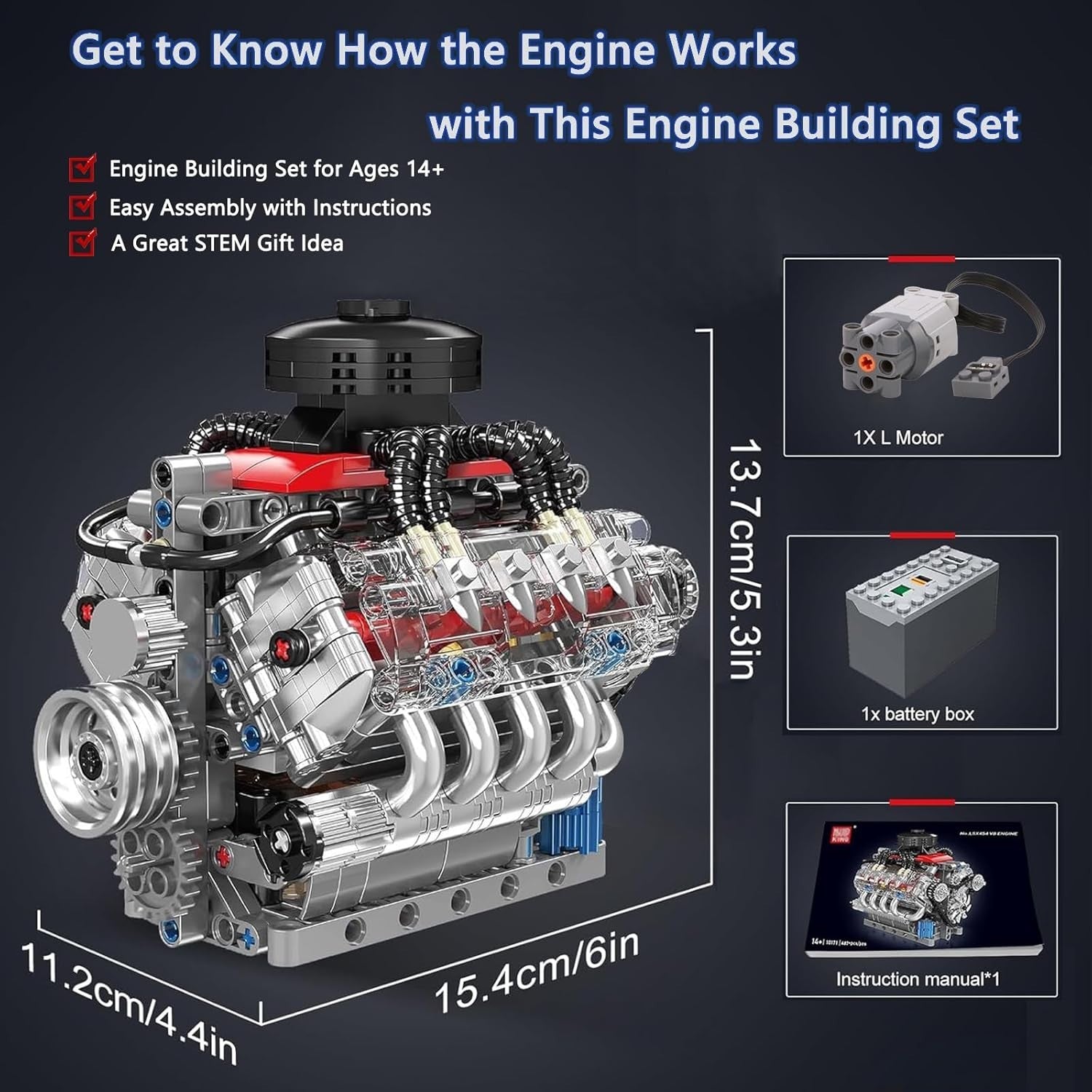Mini V8 Engine Model Kit 487pcs DIY STEM Motor Build Mechanical Toy Set