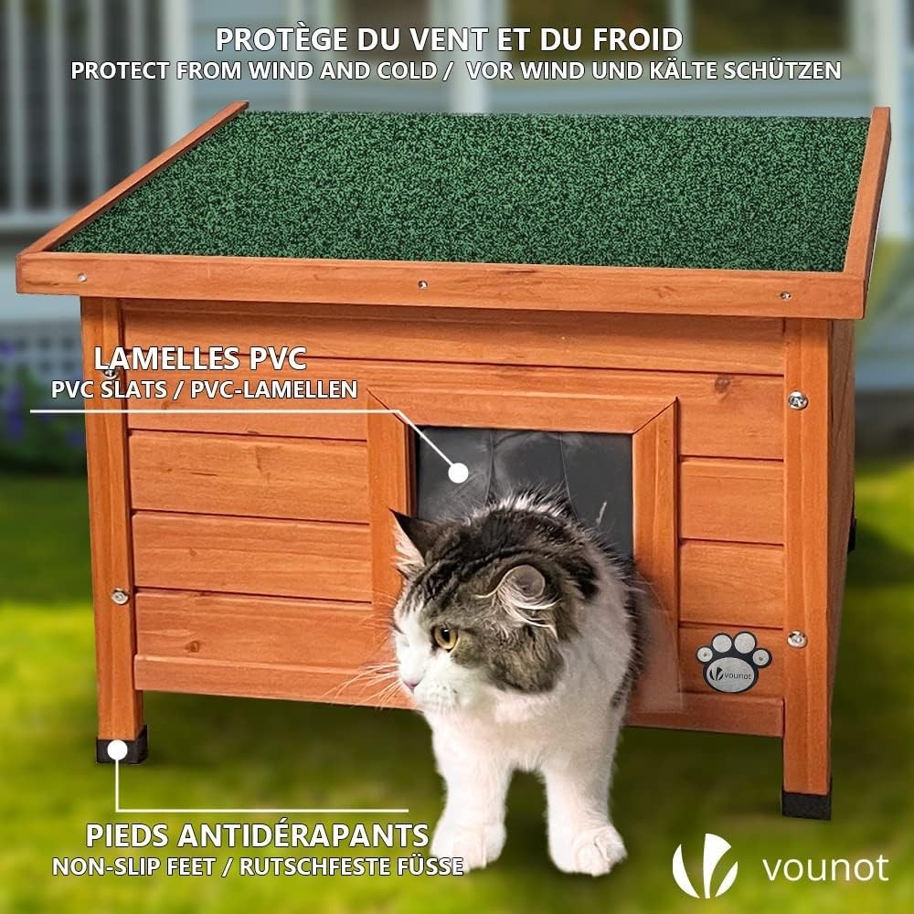 Outdoor Wooden Cat House Shelter with Window Raised Floor 57x45x43cm