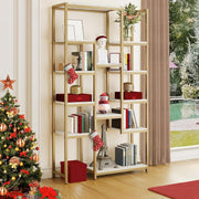 Modern Gold & White 6-Tier Bookcase | 12-Shelf Open Display Storage Unit