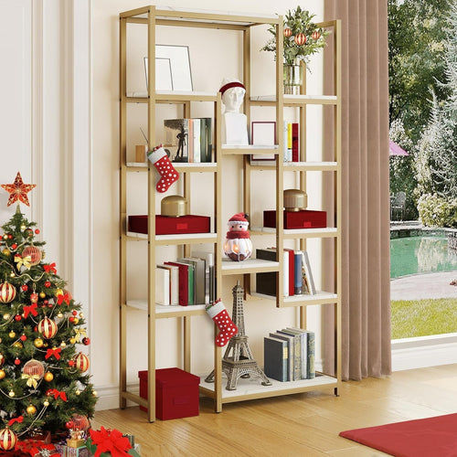 Modern Gold & White 6-Tier Bookcase | 12-Shelf Open Display Storage Unit