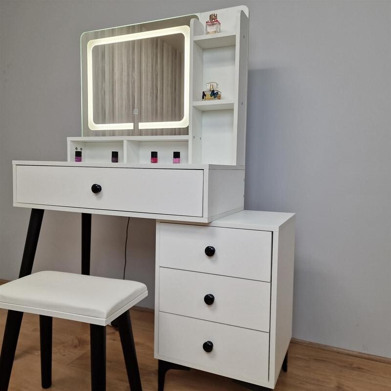 LED Vanity Dressing Table with Mirror & Stool, Makeup Desk w/ Drawers