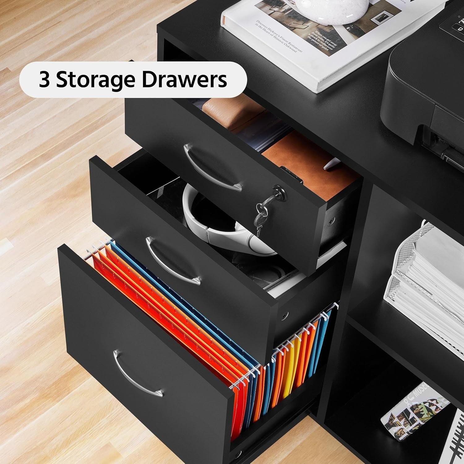 Black Mobile Filing Cabinet with 3 Drawers and Shelves Office Storage Unit