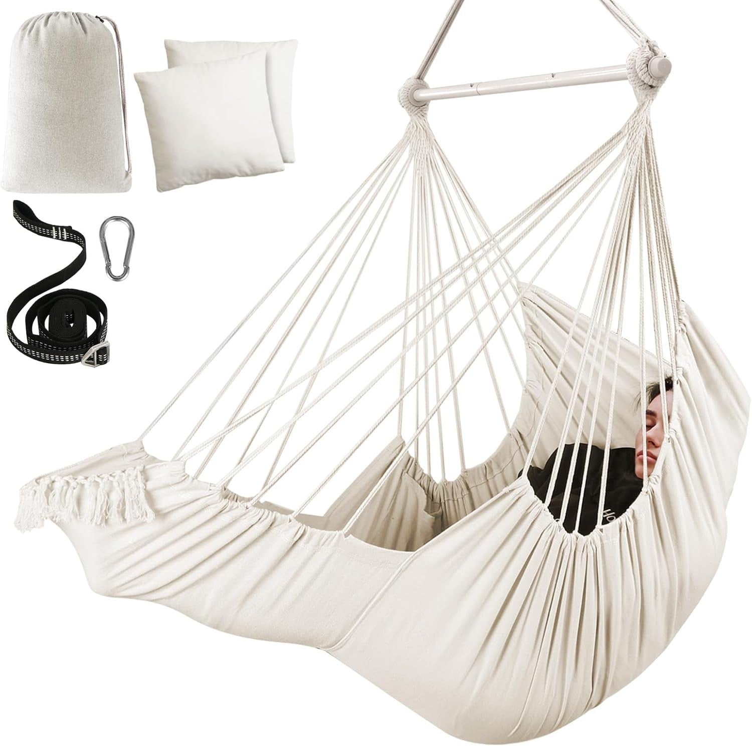 Cream Hammock Chair with Footrest & 2 Cushions | 550lbs Indoor Outdoor Swing