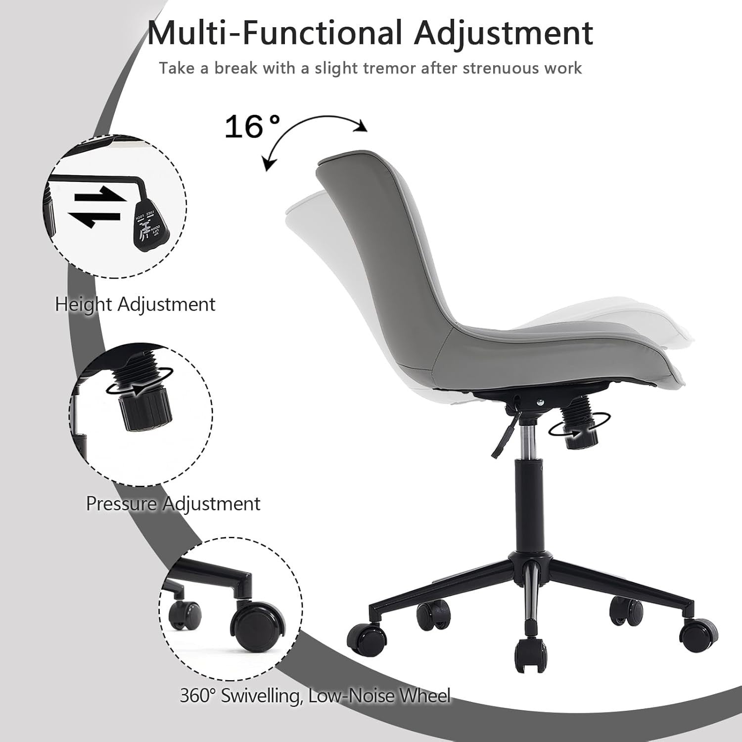 Ergonomic Grey Office Chair Adjustable Height Swivel Faux Leather Desk Seat