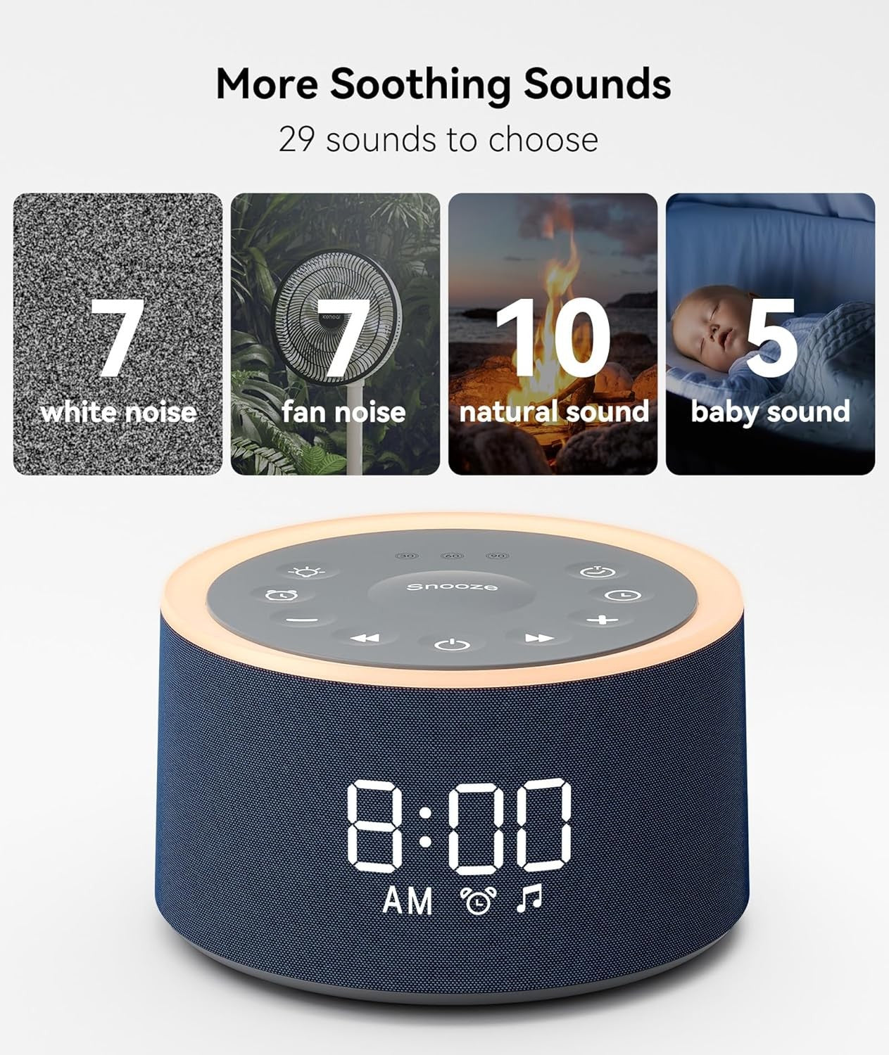 Blue White Noise Machine Alarm Clock Night Light 29 Sounds Dimmable