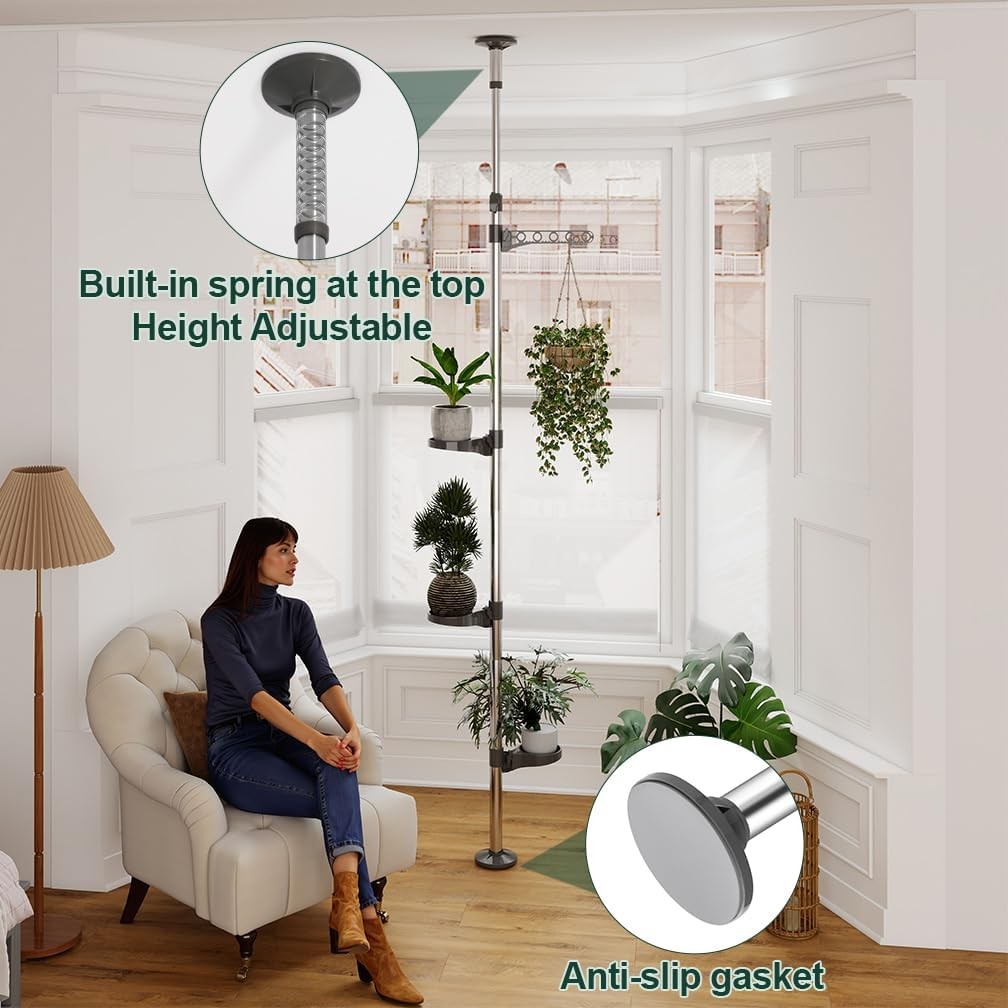 3 Tier Adjustable Indoor Plant Stand Floor to Ceiling Tension Pole Shelf Space S