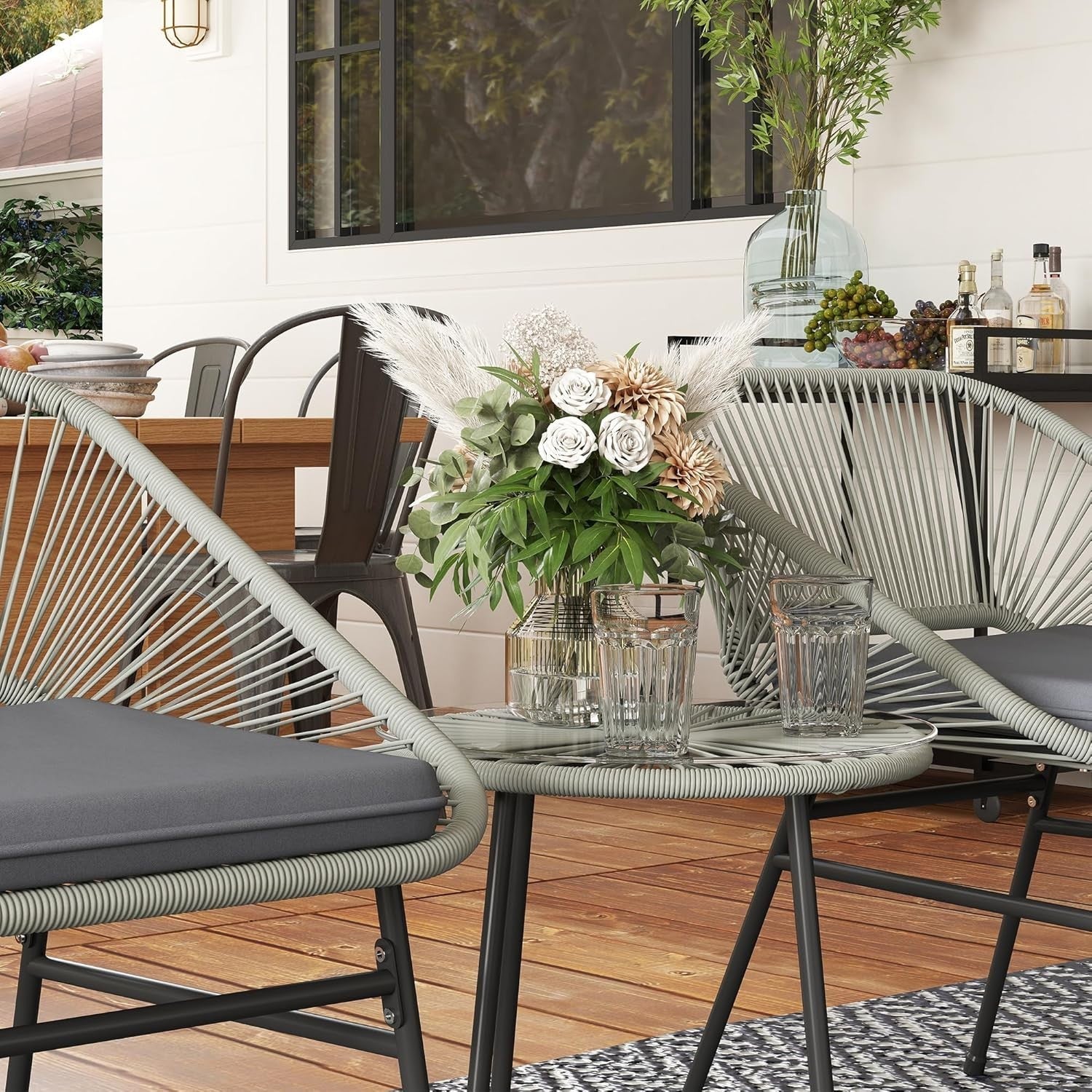 Light Grey Rattan Bistro Set 3PC Cushioned Chairs Round Table Balcony Patio