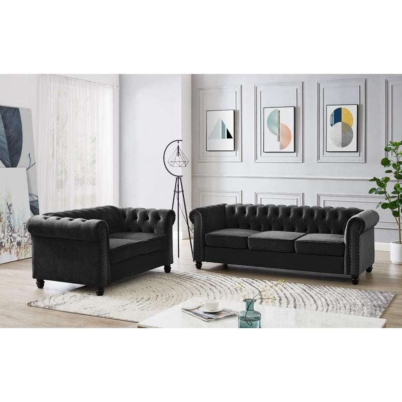 Black Velvet Chesterfield 2 Seater Sofa Tufted Scroll Arm Couch