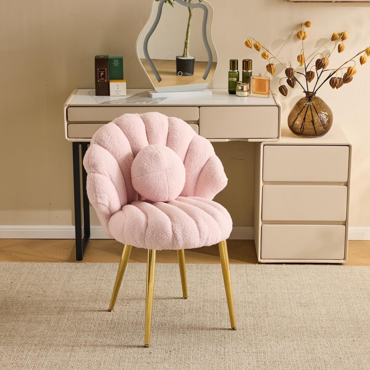 Pink Teddy Accent Chair Gold Legs Vanity Dressing Table Armchair
